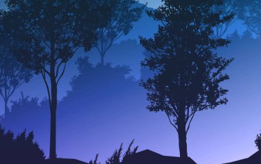 Doğal orman dağları ufuk tepeleri ağaç siluetleri Gündoğumu ve günbatımı manzara duvar kâğıdı illüstrasyon vektör tarzı renkli arka plan
