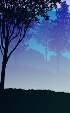 Doğal orman dağları ufuk tepeleri ağaç siluetleri Gündoğumu ve günbatımı manzara duvar kâğıdı illüstrasyon vektör tarzı renkli arka plan