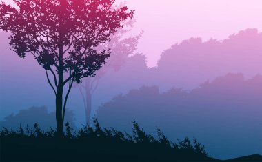Doğal orman dağları ufuk tepeleri ağaç siluetleri Gündoğumu ve günbatımı manzara duvar kâğıdı illüstrasyon vektör tarzı renkli arka plan