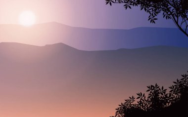 Doğal orman dağları ufuk tepeleri ağaç siluetleri Gündoğumu ve günbatımı manzara duvar kâğıdı illüstrasyon vektör tarzı renkli arka plan