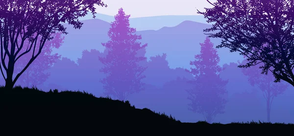 Přírodní les hory horizont kopce siluety stromů Večerní východ a západ slunce Krajina tapety Ilustrace vektorový styl Barevný pohled pozadí — Stockový vektor