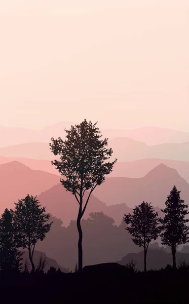 Natürliche Wald Berge Horizont Hügel Silhouetten Von Bäumen Abend Sonnenaufgang — Stockvektor