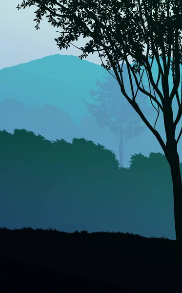 Natuurlijke Bos Bergen Horizon Heuvels Silhouetten Van Bomen Avond Zonsopkomst — Stockvector