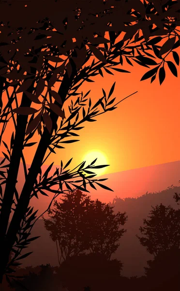 Forêt Naturelle Montagnes Horizon Collines Silhouettes Arbres Soirée Lever Coucher — Image vectorielle