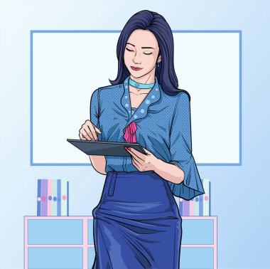 Ofis illüstrasyon vektöründe dokunmatik ekranlı iş kadınları pop sanat çizgi romanları stili soyut arkaplan üzerine
