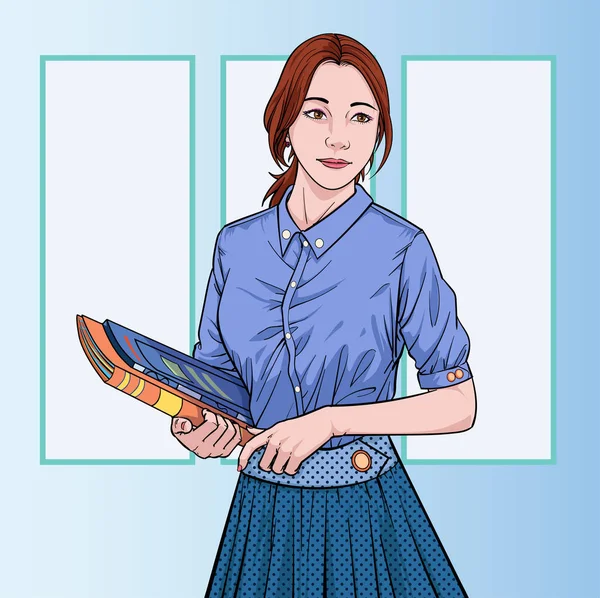 Perempuan Bisnis Dengan Folder File Kantor Vektor Ilustrasi Pada Seni - Stok Vektor