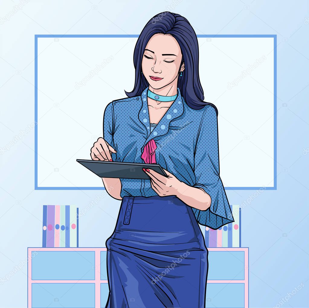 Business women  with touchscreen pad at office Illustration vector On pop art comics style Abstract boards colorful background