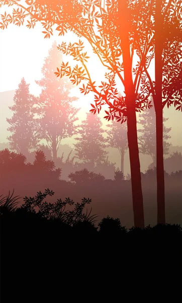 夕方の木々や丘の自然林の木々の山の地平線の丘のシルエット日の出と日没の風景壁紙イラストベクトルスタイルカラフルなビューの背景 — ストックベクタ