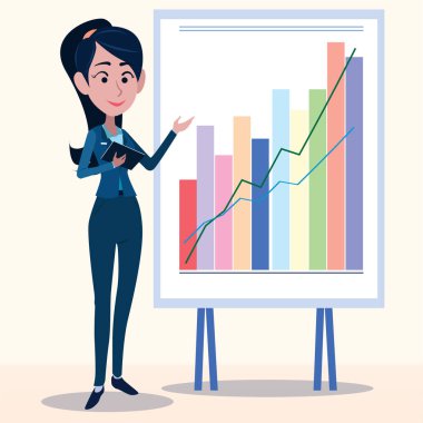 Ofis elbiseli kadınlar. İş kıyafetleri içinde güzel bir kadın. Vektör çizimi. Çizgi film tarzında. Tahta görünümü arka planı.