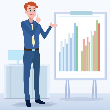 Ofisteki iş adamları çizgi film karakterleri. Ayakta duran insanlar. Sabah toplantısındaki iş adamları. Tartışma ve konuşma illüstrasyon vektörü, Kurul arka planı.