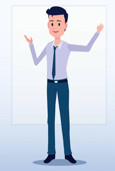 ビジネスマンオフィスの漫画のキャラクター 立っている人 朝の会議でビジネスの人 ディスカッションやトークのイラストベクトル ボードの背景 — ストックベクタ