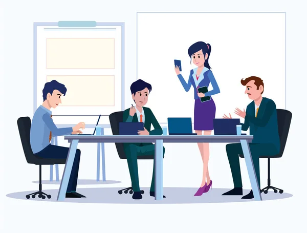 ビジネスマンだ オフィスチームの漫画のキャラクター ビジネス男性の女性のグループは 人が立っている チームワークの同僚ベクトルの概念 ディスカッションやトークのイラストベクトル ボードの背景 — ストックベクタ