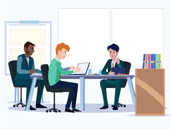 ビジネスマンだ オフィスチームの漫画のキャラクター ビジネスの男性のグループは チームワークの同僚のベクトルの概念 ディスカッションやトークのイラストベクトル ボードの背景 — ストックベクタ