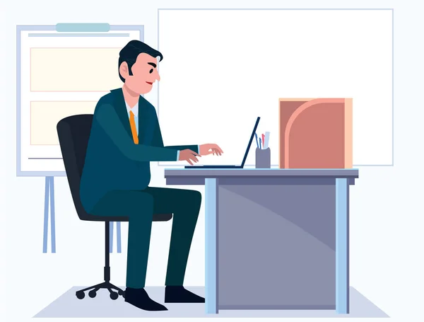 ビジネスマンオフィスの漫画のキャラクター 人々は午前中に座って仕事をする イラストベクトルボードの背景 — ストックベクタ