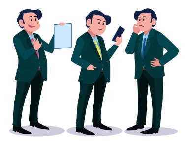  Erkek İş Karakteri Vektör Kümesi. Yaratılış Kümesi gövdesi. İş adamı çizgi film karakteri şık giyinmiş. İllüstrasyon Erkekler Ofisi.