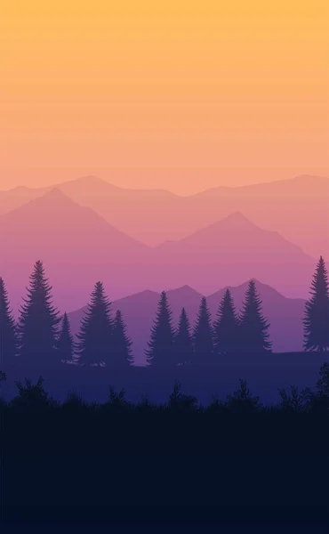 Természet Erdő Természetes Fenyőerdő Hegyek Horizont Tájkép Tapéta Napkelte Naplemente — Stock Vector