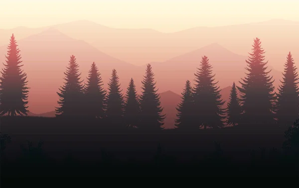 Természet Erdő Természetes Fenyőerdő Hegyek Horizont Tájkép Tapéta Napkelte Naplemente — Stock Vector