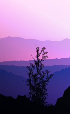 Doğal orman dağları ufuk tepeleri ağaç siluetleri. Akşam Gündoğumu ve gün batımı. Peyzaj duvar kağıdı. Çizim vektör stili. Renkli görünüm arkaplanı.