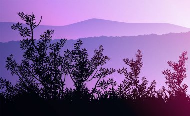 Doğal orman dağları ufuk tepeleri ağaç siluetleri. Akşam Gündoğumu ve gün batımı. Peyzaj duvar kağıdı. Çizim vektör stili. Renkli görünüm arkaplanı.