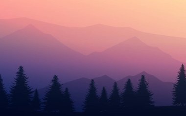 Dağlar ufuk çizgileri Akşamları doğal siluetler Gün doğumu ve batımı Manzara duvar kağıdı illüstrasyon vektör stili Renkli görünüm arkaplan