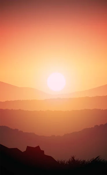 Mountains Horizon Hills Natural Silhouettes Evening Sunrise Sunset Landscape Wallpaper — Stock Vector