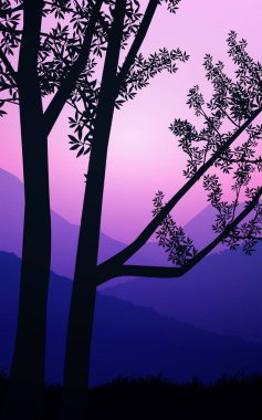 Doğal orman dağları ufuk tepeleri ağaç siluetleri. Akşam Gündoğumu ve gün batımı. Peyzaj duvar kağıdı. Çizim vektör stili. Renkli görünüm arkaplanı.