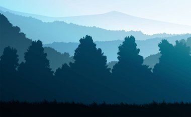 Doğal orman dağları ufuk tepeleri ağaç siluetleri. Akşam Gündoğumu ve gün batımı. Peyzaj duvar kağıdı. Çizim vektör stili. Renkli görünüm arkaplanı.