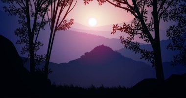 Doğal orman dağları ufuk tepeleri ağaç siluetleri. Akşam Gündoğumu ve gün batımı. Peyzaj duvar kağıdı. Çizim vektör stili. Renkli görünüm arkaplanı.