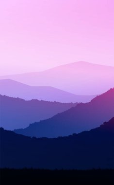 Doğal orman dağları ufuk tepeleri ağaç siluetleri. Akşam Gündoğumu ve gün batımı. Peyzaj duvar kağıdı. Çizim vektör stili. Renkli görünüm arkaplanı.