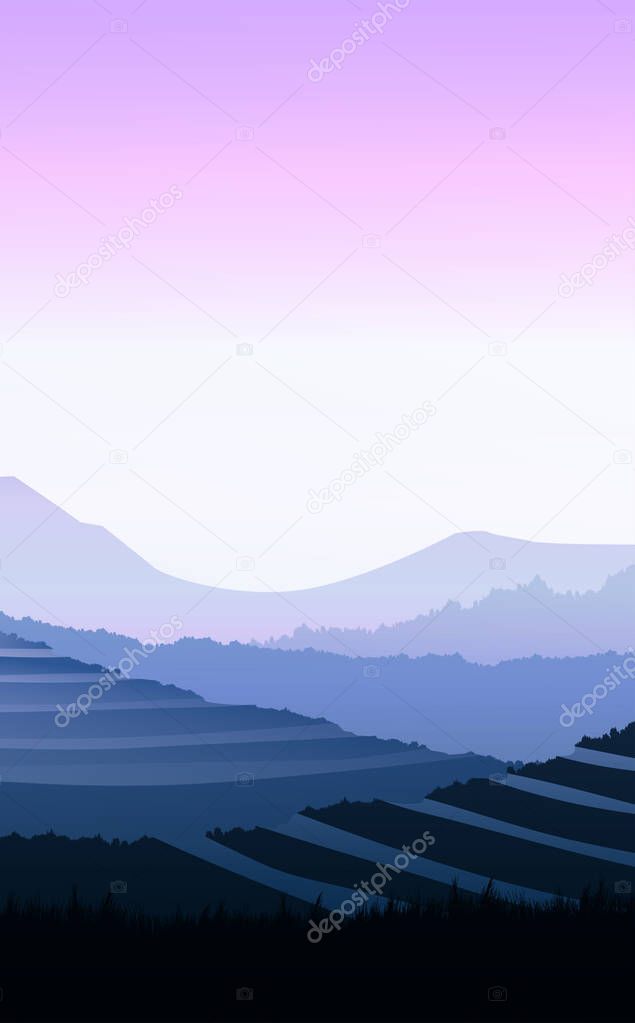 Natural forest mountains horizon hills silhouettes of trees. Evening Sunrise and sunset. Landscape wallpaper. Illustration vector style. Colorful view background.