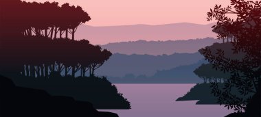 Dağlar göl ve nehir manzara silueti ağaç ufku manzara duvar kağıdı gün doğumu ve gün batımı illüstrasyon vektör tarzı renkli arkaplan