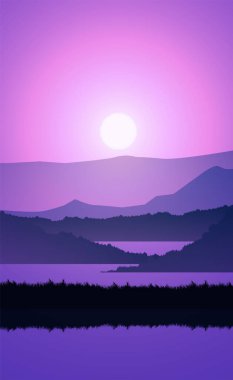 Dağlar göl ve nehir manzara silueti ağaç ufku manzara duvar kağıdı gün doğumu ve gün batımı illüstrasyon vektör tarzı renkli arkaplan