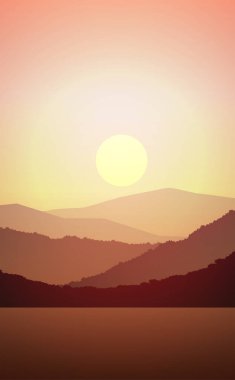 Dağlar göl ve nehir manzara silueti ağaç ufku manzara duvar kağıdı gün doğumu ve gün batımı illüstrasyon vektör tarzı renkli arkaplan