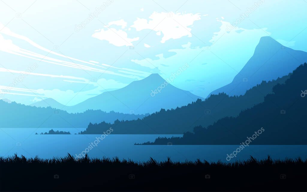 Mountains lake and river landscape silhouette tree  horizon Landscape wallpaper Sunrise and sunset Illustration vector style colorful view background