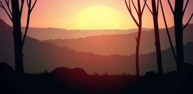 Doğal orman dağları ufuk tepeleri ağaç siluetleri. Akşam Gündoğumu ve gün batımı. Peyzaj duvar kağıdı. Çizim vektör stili. Renkli görünüm arkaplanı.