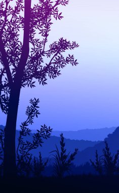 Doğal orman dağları ufuk tepeleri ağaç siluetleri. Akşam Gündoğumu ve gün batımı. Peyzaj duvar kağıdı. Çizim vektör stili. Renkli görünüm arkaplanı.