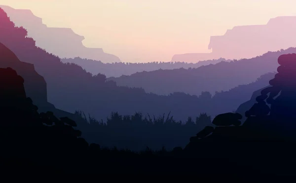 天然的森林山脉 地平线 树木的轮廓 日出和日落 风景墙纸 说明向量样式 色彩斑斓的背景 — 图库矢量图片