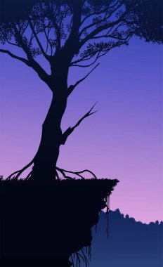 Doğal orman dağları ufuk tepeleri ağaç siluetleri. Akşam Gündoğumu ve gün batımı. Peyzaj duvar kağıdı. Çizim vektör stili. Renkli görünüm arkaplanı.