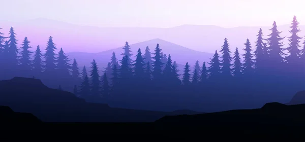 自然森林天然松树森林地平线 风景墙纸 日出和日落 说明向量风格的彩色视图背景 — 图库矢量图片