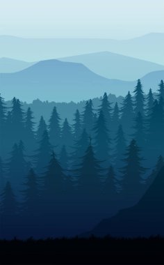 Doğa Ormanı Doğal Çam Ormanı dağları ufku. Peyzaj duvar kağıdı. Gün doğumu ve gün batımı. Resim vektör biçimi renkli görünüm arkaplanı.