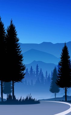 Doğal çam ağaçları ormanı. Ufuk tepeleri ve güzergah. Gün doğumu ve gün batımı. Peyzaj duvar kağıdı. Çizim vektör stili. Renkli görünüm arkaplanı.