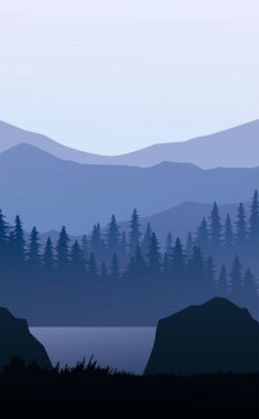 Doğa Ormanı Doğal Çam Ormanı dağları ufku. Peyzaj duvar kağıdı. Gün doğumu ve gün batımı. Resim vektör biçimi renkli görünüm arkaplanı.