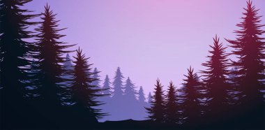 Doğa Ormanı Doğal Çam Ormanı dağları ufku. Peyzaj duvar kağıdı. Gün doğumu ve gün batımı. Resim vektör biçimi renkli görünüm arkaplanı.