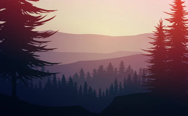 Naturskog Natural Pine Skog Horisonten Landskapsbild Soluppgång Och Solnedgång Illustration — Stock vektor