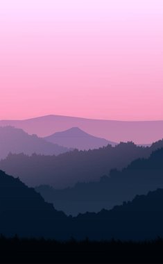 Doğal orman dağları ufuk tepeleri ağaç siluetleri. Akşam Gündoğumu ve gün batımı. Peyzaj duvar kağıdı. Çizim vektör stili. Renkli görünüm arkaplanı.