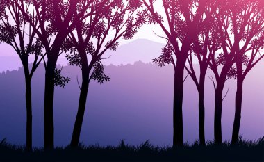 Doğal orman dağları ufuk tepeleri ağaç siluetleri. Akşam Gündoğumu ve gün batımı. Peyzaj duvar kağıdı. Çizim vektör stili. Renkli görünüm arkaplanı.