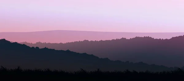Natuurlijke Bos Bergen Horizon Heuvels Silhouetten Van Bomen Avond Zonsopgang — Stockvector