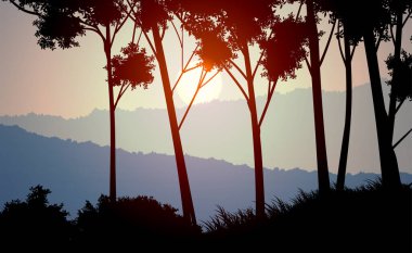 Doğal orman dağları ufuk tepeleri ağaç siluetleri. Akşam Gündoğumu ve gün batımı. Peyzaj duvar kağıdı. Çizim vektör stili. Renkli görünüm arkaplanı.