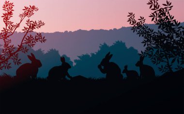 Çayırda bir grup tavşan. Doğal orman. Vahşi hayvanlar. Dağlar ufuk tepeleri siluetleri. Gün doğumu ve gün batımı. Peyzaj duvar kağıdı. Çizim vektör stili. Renkli görünüm arkaplanı.