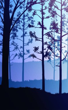 Doğal orman dağları ufuk tepeleri ağaç siluetleri. Akşam Gündoğumu ve gün batımı. Peyzaj duvar kağıdı. Çizim vektör stili. Renkli görünüm arkaplanı.